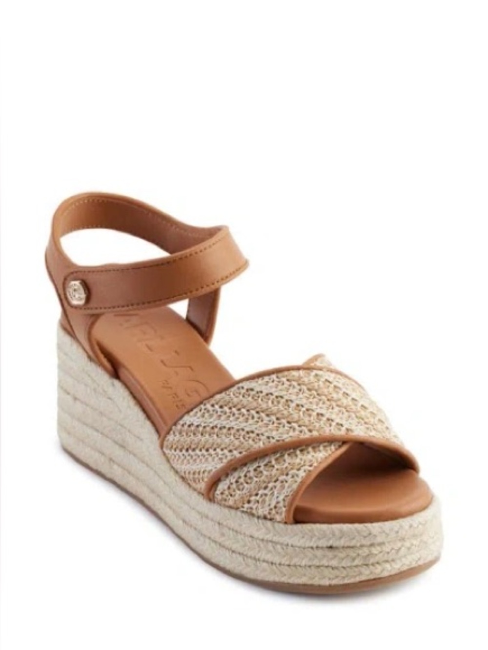 Karl Lagerfeld Celest Tan Leather Platform Woven Espadrille Wedge Sz 8 BNWB